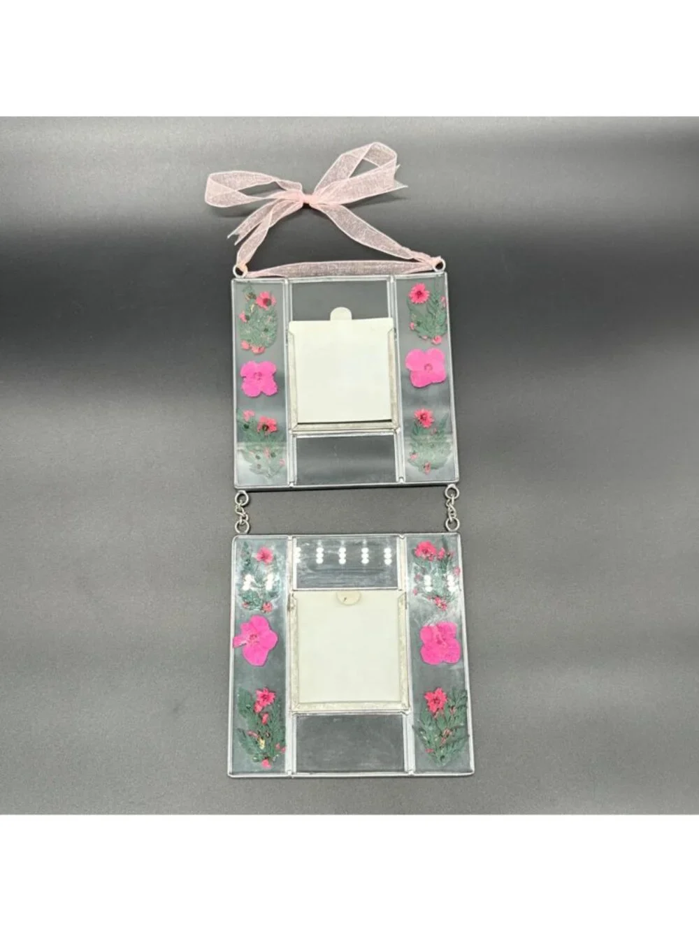 Vintage Hanging Picture Frames Pink Pressed Flowers Pewter Double Photos Cottage